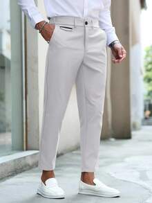 Calvornis Men's Solid Color Pockets Straight Loose Casual Pants For Ceremony, Formal - Light Grey - View 4