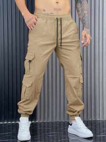 Manfinity Homme Men's Khaki Multi-Pocket Cargo Pants, Casual Tapered Leg Trousers, Fall - Khaki - View 1