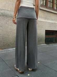 DAZY 女士纯色休闲瑜伽裤，二合一短裙，春夏秋 - 灰色 - 查看 2