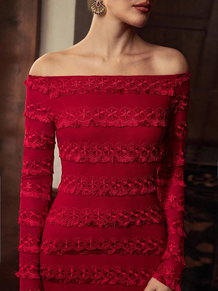 ZEYLAH Women's Floral Embroidery Off-Shoulder Long Sleeve Bodycon Dress, Elegant