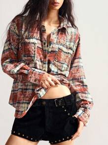 Bohemela Women Summer/Autumn Fall Casual Vacation Woven Plaid Hippie Studded Detail Long Sleeve Loose Fit Shirt, Bohomian Style Vacation, Suitable For Music Festival - Multicolor - View 5