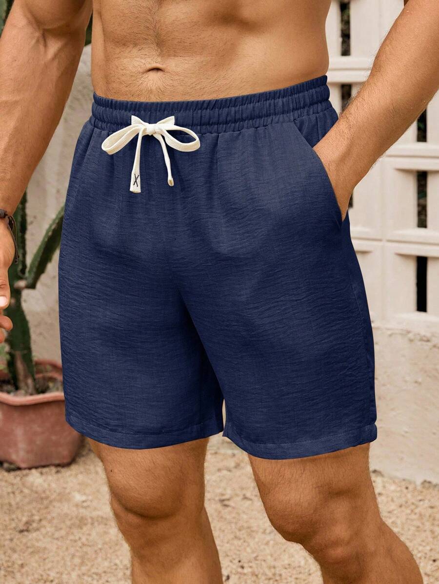 VENTUSAIL 男士纯色休闲仿麻纹理短裤男藏青色短裤男休闲短裤男抽绳短裤男抽绳短裤男夏季短裤 - 藏蓝色 - 查看 1