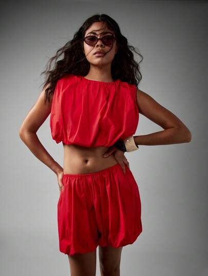 AiiRZ Draped Sleeveless Poplin Balloon Coordinates Summer Festival Mini Shorts Set Loose Gathered Crop Top Elastic Waist Casual Beach Fashion Outfit
