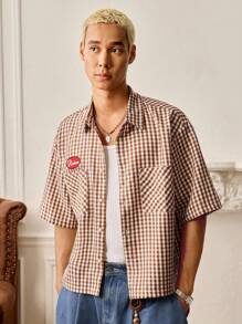 SWAVVY Men's Summer Casual Street College Style Letter Embroidery Gingham Print Patchwork Pocket Loose Shirt - Brown - View 1