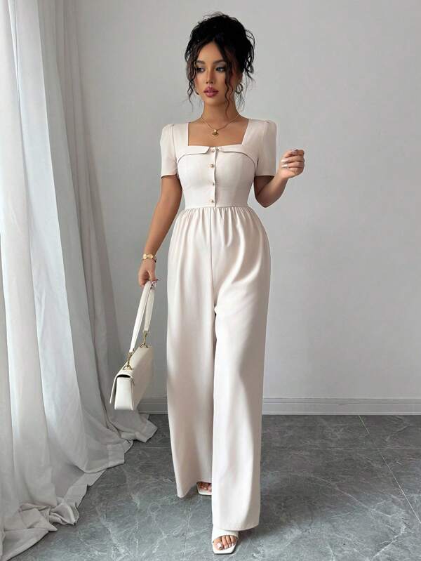SHEIN PETITE Women's Summer New Arrival Stunning Solid Square Neck Jumpsuit