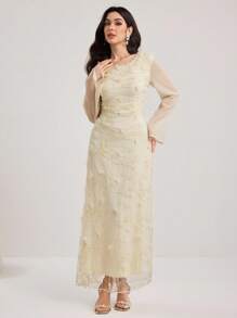 Modelyn Damen Mode 3D Blumen Dekor Midi-Kleid, Kleid mit gemischtem Material Paneel Splice, Stilvolle lässige Damen Outfits für Herbst, Süße, bescheidene Vintage Damen Outfits, Outfits für Schulanfang, Schulanfang Kleider, Outfits für Lehrerinnen