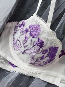 SHEIN 性感系列刺绣聚拢拼接女士文胸 - 白色 - 查看 4