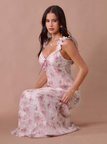 Enchnt 夏秋季浪漫女士粉色印花荷叶边露肩心形领无袖鱼尾长裙 - 彩色 - 查看 6