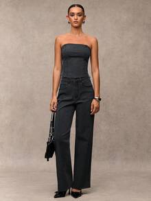 SHEIN BAE 女士时尚水钻装饰短款牛仔吊带背心，夏季 - 深灰色 - 查看 3