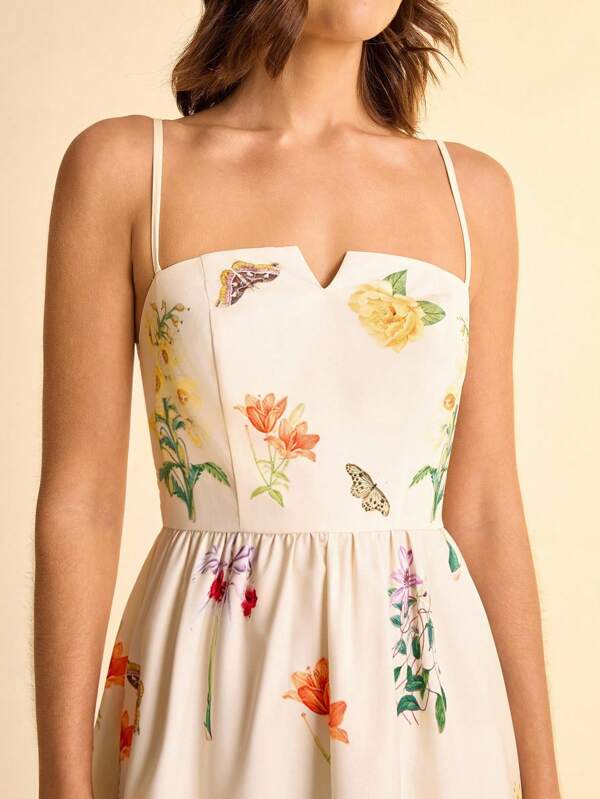 CAJUNI Vestido con escote en V, tirantes finos y estampado tropical de flores de estilo bohemio para mujer, ideal para vacaciones