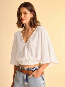 CAJUNI 女士度假风 V 领华夫格针织纹理休闲蝙蝠袖宽松短款上衣，夏季上衣，女士上衣，白色上衣，女士户外上衣，白色上衣，短款上衣，白色短款上衣，女士上衣，女士白色上衣，基础款上衣，女士夏季上衣，女士工作衬衫，女士休闲上衣。