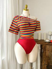 SHEIN CovetEZ Plus Size Colorful Striped Asymmetrical Collar Casual Bodysuit, Summer - Multicolor - View 3