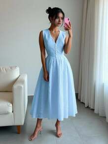 SHEIN ChicEase Váy chữ A khoét nút lưng cao không tay - Màu xanh lam - Xem 5