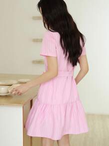 K-Vae Women's Pink Stripe Summer Casual Brunch Shirt Mini Dress,Short Sleeve Single Breasted Mottled Collar College Dress,Back To School Teacher Outfits - Baby Pink - View 2