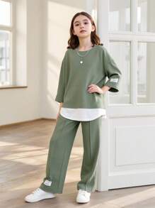 SHEIN 青少年女孩休闲街头针织补丁圆领宽松上衣和长裤两件套 - 軍綠色 - 查看 1