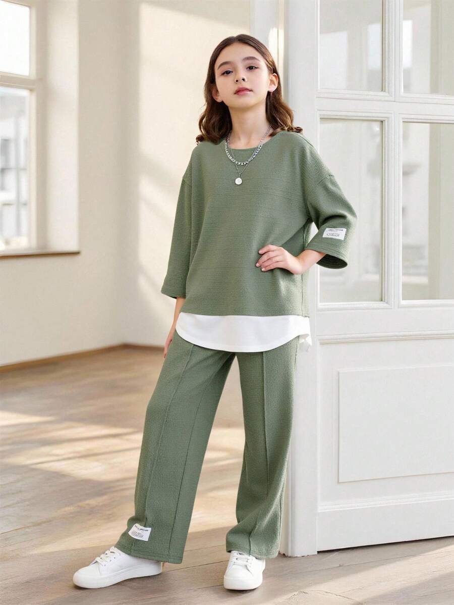 SHEIN 青少年女孩休闲街头针织补丁圆领宽松上衣和长裤两件套 - 軍綠色 - 查看 1