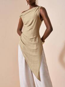 Zivah 2025 Summer New Style Birthday Party Back To School Student Wear Daily Street Basic Versatile Leisure Vacation Cruise Travel Beach Seaside Sunbathing Popular Online Style Elegant Commuting Business Casual Off-Shoulder Twist Waist Pleats Zipper Asymmetrical Hem Slit Khaki Summer Tops Women's Shirt One Shoulder Top Asymmetrical Blouse Asymmetrical Top One Sleeve Top - Khaki - View 6