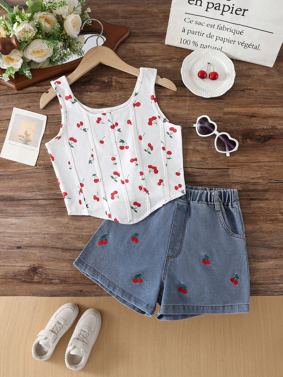 Sparklyn 少女樱桃印花不对称下摆无袖上衣和牛仔短裤两件套 - 白色 - 查看 1