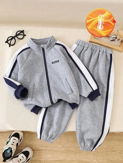 Genkimix Kids 2 件针织拼接拉链装饰运动衫和松紧腰裤套装，适合年轻男孩的休闲韩版风格