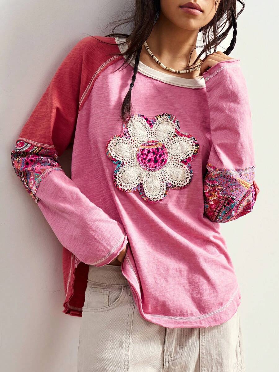 Bohemela 加大码圆领插肩袖花卉图案宽松休闲百搭 T 恤 - 彩色 - 查看 1