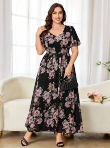 Modelyn Vestido midi de línea A con mangas abullonadas y estampado floral de gasa, talla grande, ajuste regular, primavera/verano - Multicolor - Ver 5