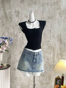 Attitoon Women's Casual Washed Star Textured Denim Skirt,Fall Women Clothes,Y2k Clothes,Club Outfits Women Sexy,Streetwear Skirts,Grunge Skirts,Cowgirl Skirts,Y2k Clothes Women,Gyaru Skirts,Korean Style, - Medium Wash - View 4