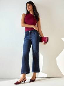 Mid Waist Dark Wash Elegant Flare Jean - Dark Wash - View 5