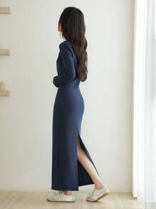 K-Vae Women's Elegant Navy Blue And White Knitted Maxi Dress,Long Sleeve Square Neck Button Slim-Fit Bodycon Dress,Autumn Everyday Chic For Brunch - Navy Blue - View 2