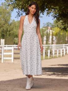 WESTFADE Đầm midi chữ A in họa tiết hoa nhỏ xinh xắn, cổ yếm, thắt nơ, lưng nhún, dáng suông, dễ thương, mùa hè, kỳ nghỉ bãi biển, buổi hòa nhạc đồng quê miền Tây ở Nashville - Nhiều màu - Xem 4