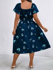 Flirla Floral Print Drawstring Elastic Waist Dress - Navy Blue - View 2