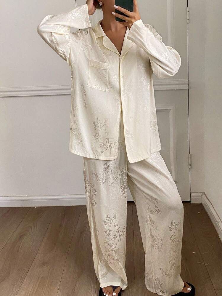 Chinese Style Bamboo Leaves Pattern Jacquard Satin Pajama Set Fall Winter Clothes