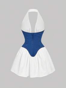 SHEIN MOD فستان جينز ذو فتحة خلفية للنساء بياقة أفقي متعدد الألوان - الأزرق - مشاهدة 2