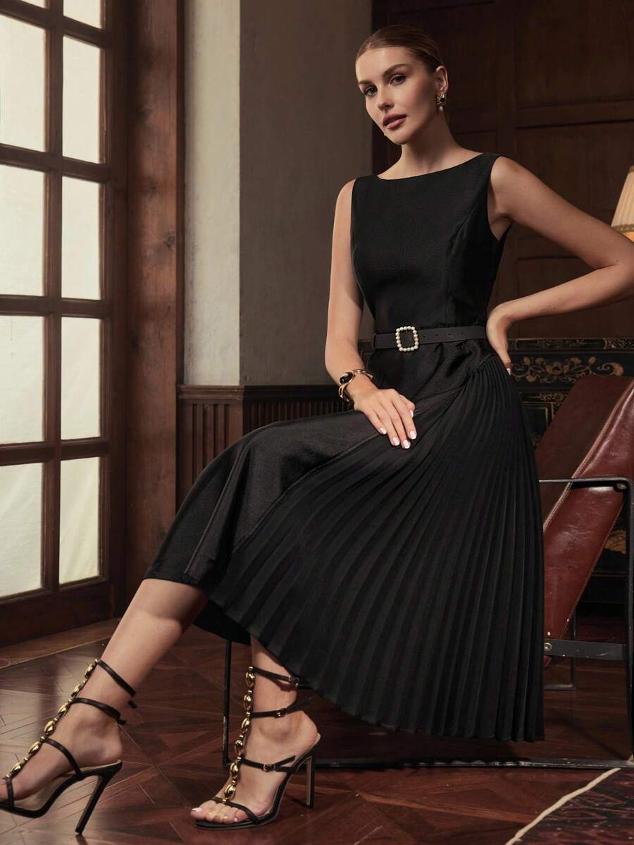 ZEYLAH Women Off Shoulder Asymmetric Pleated Split Midi Dress - Black - View 1