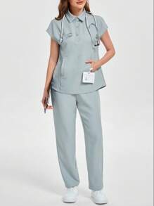 Scrubzie Embroidered Design Scrub Top And Pants, /Nursing Scrub Uniform Set - Green - View 6