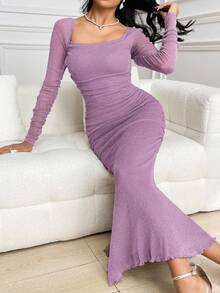 Modelyn 女士优雅美人鱼尾长袖连衣裙 - 紫色 - 查看 2