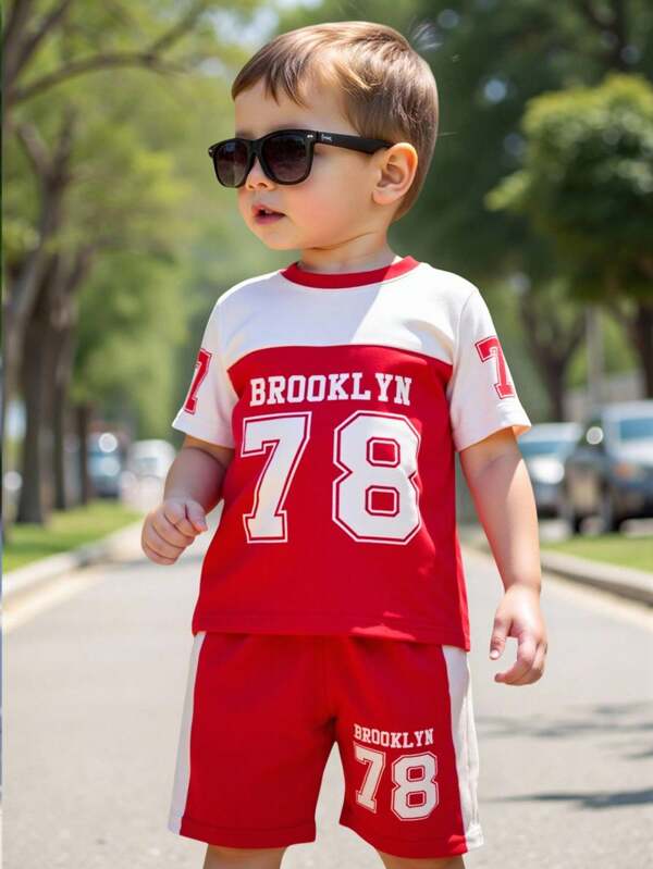 GraphicGems 2pcs Boy Sports Outfit, Red & White Patchwork, T-Shirt And Shorts With "BROOKLYN 78" Letter & Numeral Print, Short Sleeve T-Shirt And Shorts Set, Suitable For Daily Play, School And Sports Wear In Summer