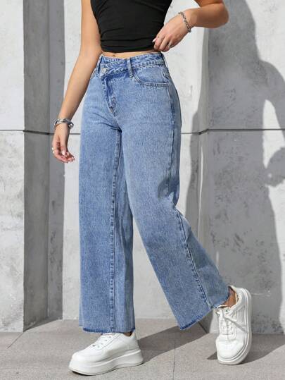 SHEIN PETITE Jeans informales de pierna ancha con dobladillo crudo para mujer