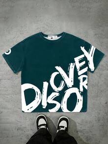 Discovery X SHEIN Herren T-Shirt mit Buchstabenmuster, Rundhalsausschnitt, Kurzarm, Sommer - Weiss - Übersicht 1