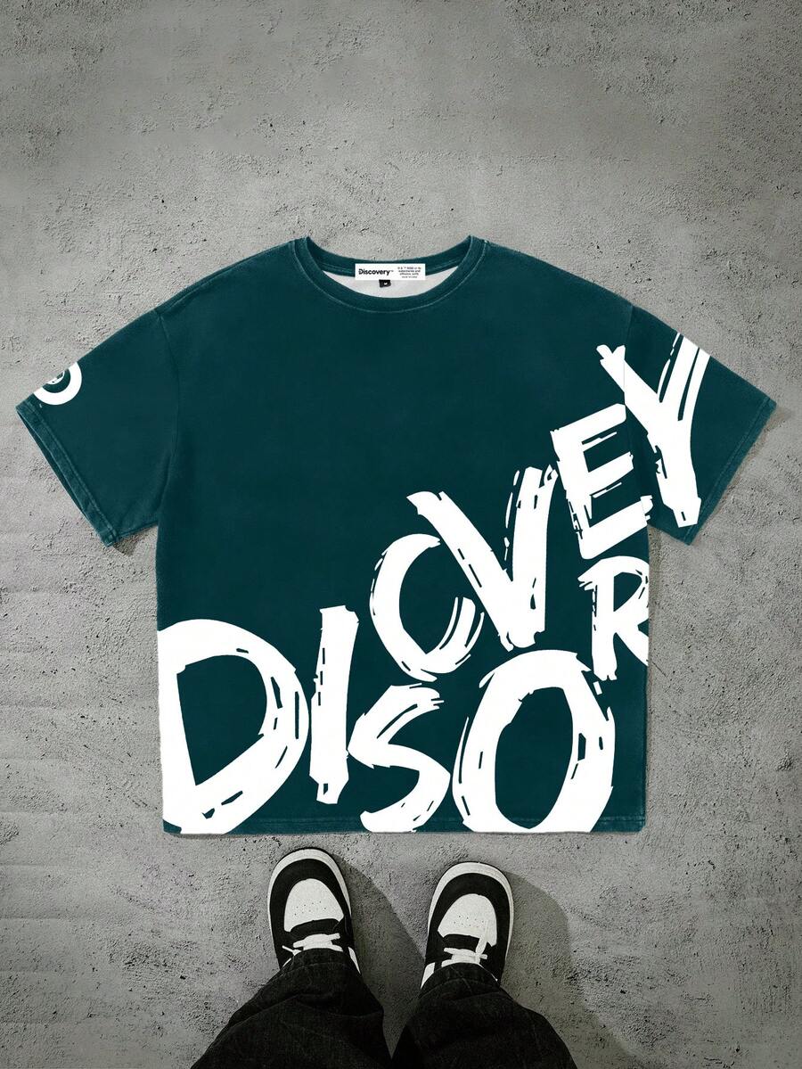 Discovery X SHEIN Herren T-Shirt mit Buchstabenmuster, Rundhalsausschnitt, Kurzarm, Sommer - Weiss - Übersicht 1