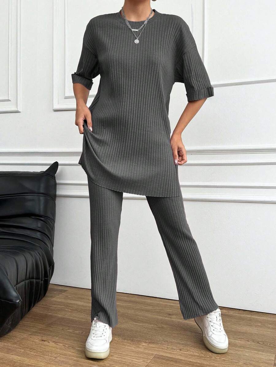 EURMUSE 2Pcs Women Summer Casual Simple Solid Ribbed Top And Pants Set - Dark Grey - View 1