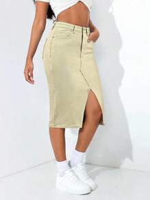 SHEIN PETITE Spódnica damska z rozcięciem i kieszeniami w jednolitym kolorze z jeansu - Kolor khaki - Zobacz 6