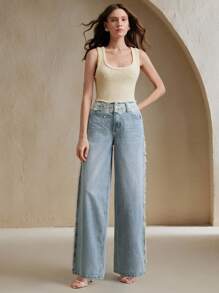 Anewsta Quần Jeans Ống Thẳng Đính Đá Ren Eo Đơn Giản Cho Nữ - Màu xanh lam - Xem 5