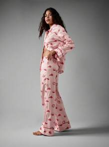 AiiRZ 夏季棉质贝壳印花睡衣套装长袖纽扣领上衣搭配同款裤子海滩家居服睡衣睡衣海岸系列 - 粉色 - 查看 4