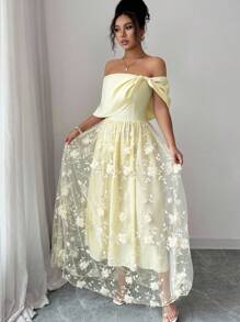 Elenzga Women's Summer Holiday Bohemian Bowknot Off Shoulder Mesh Embroidered A-Line Dress - Butter Yellow - View 5