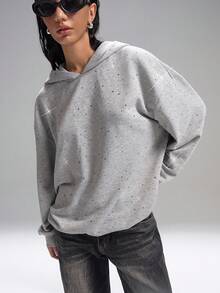 LYSMO Sudadera holgada con caída de hombros, decoración de strass, estilo casual para primavera/otoño - Gris Claro - Ver 6