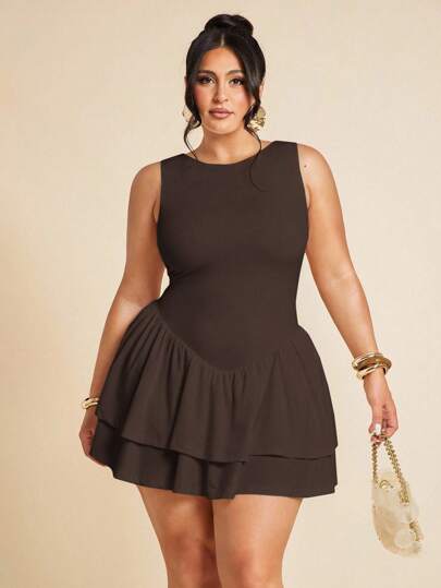 SHEIN BAE 大码女装春夏打底纯白色无袖紧身褶皱修身优雅迷你双层荷叶边女式连体裤女式连衣裙，情人节连体裤，日常连体裤，优雅连体裤，白色连体裤