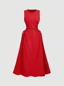 SHEIN MOD 大码女式纯色圆领系带侧无袖优雅连衣裙