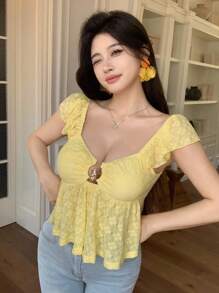 Modelyn Yellow Hollow-Out Metal Buckle Short Sleeve Cropped Blouse Top For Women - Yellow - View 8