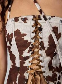 ROMWE Hippie Women's Sexy Fashionable Cow Pattern Keyhole Tie Front Halter Neck Top