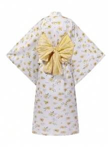 Irokai Floral Print Batwing Sleeve Loose Kimono Jacket And Spaghetti Strap Dress Set(Without Obi & Fan) Yukata - Yellow - View 2